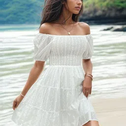 White Off-Shoulder Knee Length A-Line Dress-image-11