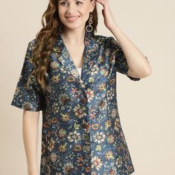 Shae by SASSAFRAS Women Navy Blue Floral Printed Single Breasted Blazer-picture-13