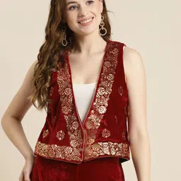 Shae by SASSAFRAS Women Maroon Foil Print Velvet Waistcoat-image-32