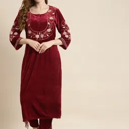 Shae by SASSAFRAS Women Maroon & Gold-Toned Floral Embroidered Velvet Kurta-picture-29