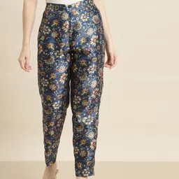 Shae by SASSAFRAS Women Navy Blue Floral Printed Tapered Fit Trousers-image-80