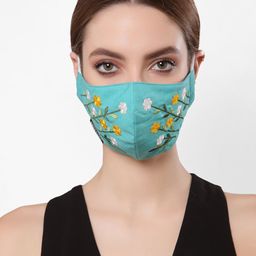 Anekaant Women Turquoise Blue & Yellow Embroidered 3-Ply Cotton Reusable Cloth Mask-26