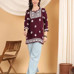 Poshak Chikan Studio Women Chikankari Embroidered Rayon Short Straight Kurti-image-96
