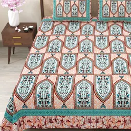 Myntra Elegant Homes Orange & Green Printed 180TC Cotton King Bedsheet Set 2.75 m x 2.25 m-picture-13