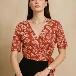 Mast & Harbour Women Ethnic Motifs Waist Tie-Ups Crepe Wrap Crop Top-picture-49