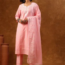 Anouk Women Floral Embroidered Thread Work Pure Cotton Kurta Set With Dupatta-10