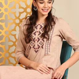 Anouk Tan Brown Ethnic Motifs Embroidered Pure Cotton Straight Kurta-picture-54