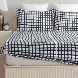 HOMEMONDE Monochrome Stria Black Checked Cotton 210 TC Queen Bedsheet Set 1.82 m x 1.82 m-image-59