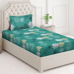 Arrabi Green & White Floral 350 TC Single Bedsheet with 1 Pillow Covers-image-44