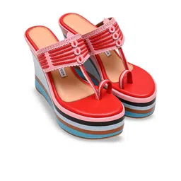 Aprajita Toor Striped Leather Wedge Sandals with Bows-16