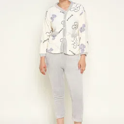 Camey Women Animal Printed Winter Long Sleeve Front open Top and Pajama Pants Night suit-image-35
