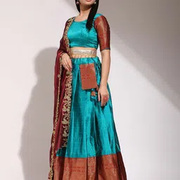 Fabcartz Checked Woven Design Zari Unstitched Blouse And Lehenga With Dupatta image 3