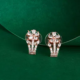 TEEJH Rose Gold-Plated Cubic Zirconia Studded Floral Shaped Drop Earrings-3