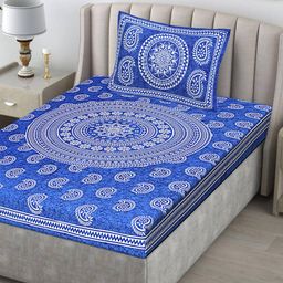 POORAK Blue & White Ethnic Motifs Pure Cotton 104 TC Single Bedsheet with 1 Pillow Cover-image-126