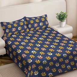 FABINALIV Navy Blue & Yellow Floral 300 TC King Bedsheet with 2 Pillow Covers-picture-27