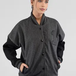 The Roadster Lifestyle Co Oversized Fit Winter Wear Varsity Jacket With Ribbed Cuffs-39