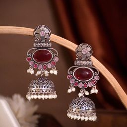 NAMAN ARTS Silver-Plated Artificial Stones Studded & Beaded Oxidised Dome Shaped Jhumkas-picture-3