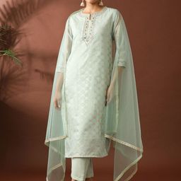 Jaipur Kurti Women Ethnic Motifs Embroidered Regular Chanderi Cotton Kurta with Trousers & With Dupatta-15