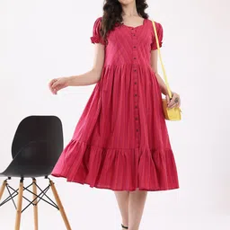 Kinjo Striped Puff Sleeve Formal A-Line Dress-36