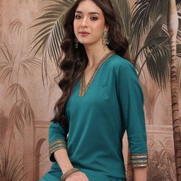 Sangria Geometric Embroidered Pure Cotton Sequinned Detail V-Neck Straight Kurta-picture-46