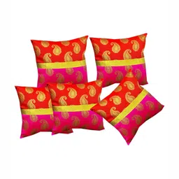 Pink Parrot Red & Pink 5 Pieces Ethnic Motifs Jacquard Silk Square Cushion Covers-24