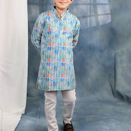 BT DEZINES Boys Ethnic Motifs Printed Band Collar Sequinned Straight Kurta With Pyjamas-18