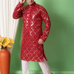 NFC CREATION Geometric Embroidered Sequinned Dupion Silk Straight Kurta With Trousers image 5