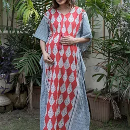 Aujjessa Women Ethnic Motifs Printed Round Neck Maternity Feeding Kaftan Maxi Dress-picture-29