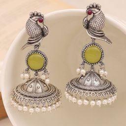 Zoey Silver Plated Pearls Beaded Parrot Shaped Oxidised Jhumkas-15