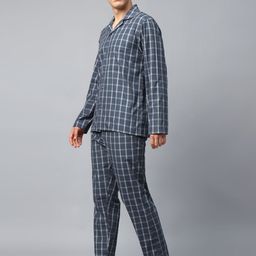 English Navy Men Wrinkle Resistant Checked Lapel Collar Night suit-image-74