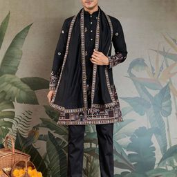 ODETTE Men Embroidered Flared Sleeves Thread Work Anarkali Kurta-image-25
