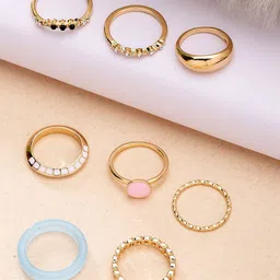 Bohey by KARATCART Set Of 8 Gold-Plated & Pearl-Studded Finger Rings-16