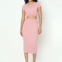 SHOWOFF Striped Round Neck Top With Skirt Co-Ords-image-75