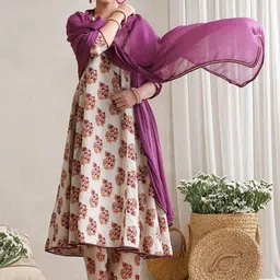 Khushal K Floral Printed V-Neck Pure Cotton A-Line Kurta with Trousers And Dupatta-26