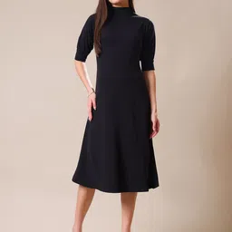 MILOST Women High Neck Cuffed Sleeve Fit & Flare Midi Dress-picture-12