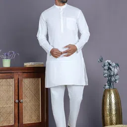 Anouk White Band Collar Pure Cotton Straight Kurta With Pyjama-image-63