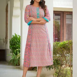 KALINI Floral Printed Embroidered Mirror Work A Line Cotton Kurta-picture-12