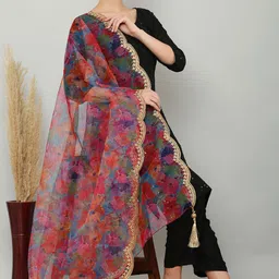 Bunkraft Floral Printed Organza Dupatta with Zari-47