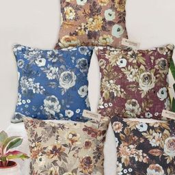 Blue Grass Brown & Navy Blue 5 Pieces Floral Printed Velvet Square Cushion Covers-image-19