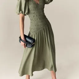 Marks & Spencer Women V-Neck Puff Sleeve Smoked A-Line Midi Ruched Dress-picture-15