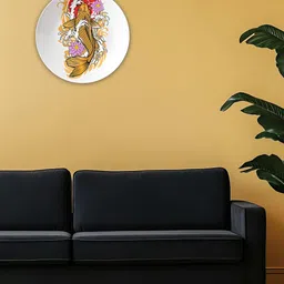 THE QUIRKY HOME White & Yellow Golden Koi & Lotus Printed Ceramic Decorative Wall Decor-image-74