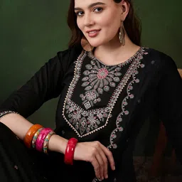 Sangria Black Floral Embroidered Sequinned A-Line Kurta With Trousers And Dupatta-picture-16