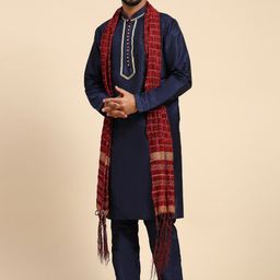 SKAVIJ Men Ethnic Motifs Embroidered Regular Thread Work Dupion Silk Kurta with Churidar & With Dupatta-picture-1