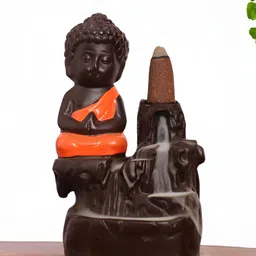 INTERNATIONAL GIFT Orange & Brown Prayer Buddha Statue Smoke Fountain Idol Showpiece-48