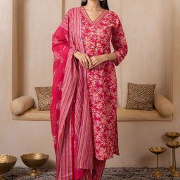 SHIVARA Floral Printed V-Neck Sequinned Pure Cotton Straight Kurta With Trousers & Dupatta-image-76