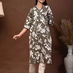 Rimeline Floral Screen Printed V-Neck Pure Cotton Straight Kurta-26
