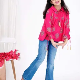 DMP FASHION Kids-Girls Floral Printed Tie-Up Neck Puff Sleeve Cotton A-Line Top-image-91