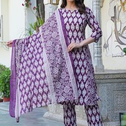 SHIFORY Floral Printed Pure Cotton Straight Kurta With Trousers & Dupatta-image-76