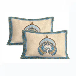 THE HOBBY BOUNTY Beige & Blue 210 TC King Bedsheet with 2 Pillow Covers-91