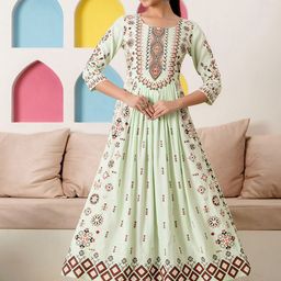 RAABA Ethnic Motifs Printed Pleated Mirror Work A-Line Kurta-18